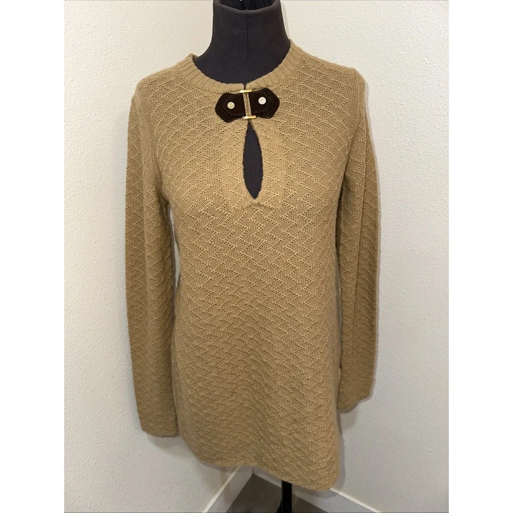 Tory Burch Knit Tunic Sweater Wmns S Tan Wool Alpaca Leather Keyhole Equestrian